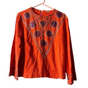 India Hand Woven Embroidered Long Sleeve Top Womens Sz. Small Mirror Geometric‎